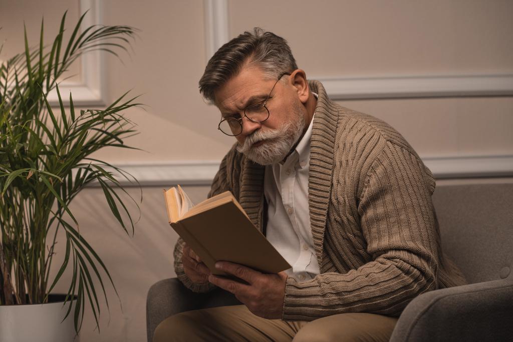 starszy człowiek, czytanie książki, siedząc w wygodnym fotelu - Zdjęcie, obraz