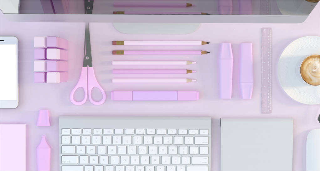 Espace de travail moderne avec ordinateur et papeterie sur fond rose. Vue de dessus. Pose plate. Illustration 3D
 - Photo, image