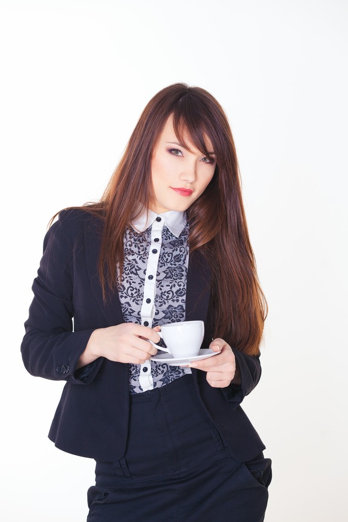 Picture of happy businesswoman with cup of coffee - Photo, Image