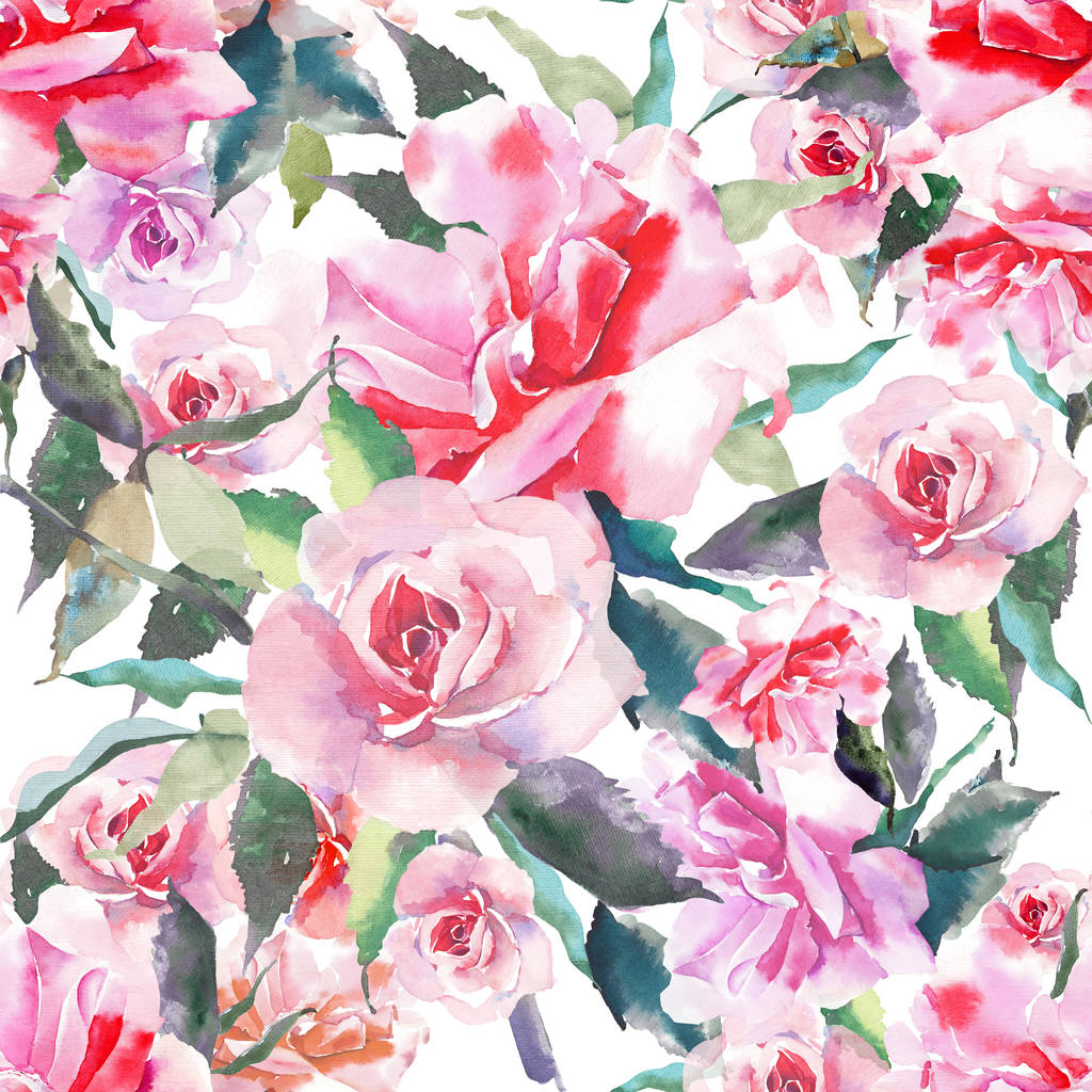 Mooie tedere zachte verfijnde prachtige mooie leuke lente bloemen kruiden botanische rode poederachtige roze rozen met groene bladeren patroon aquarel hand schets. Voor de wenskaart, textiel, behang.  - Foto, afbeelding