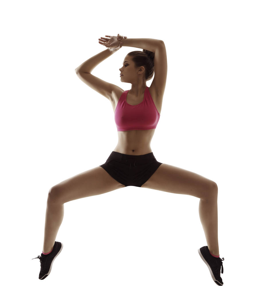 Fitness-Übung Beine auseinander, Frau Sport Workout Gymnastik-Training, weiß isoliert - Foto, Bild