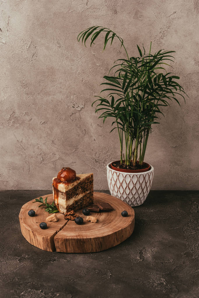 pezzo di torta deliziosa con bacche su tavola di legno e pianta d'appartamento verde
  - Foto, immagini