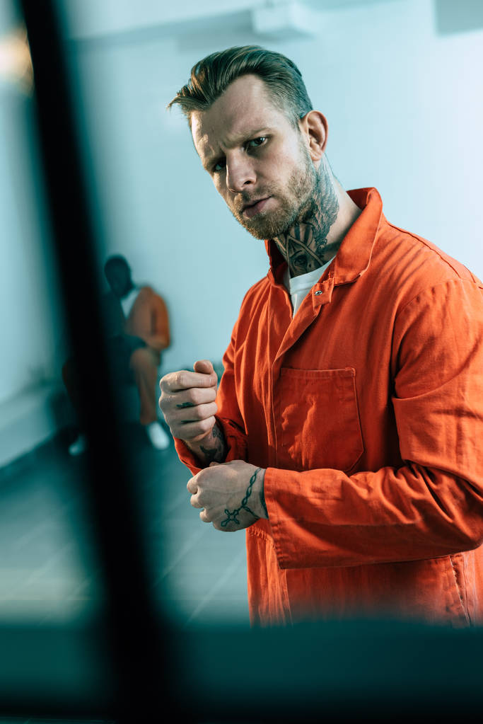 prisoner looking at camera behind prison bars - Photo, Image