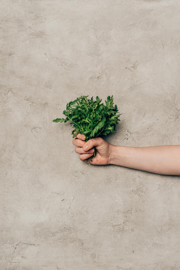 Крупный план держания за руку кучки зеленых листьев рукколы
  - Фото, изображение