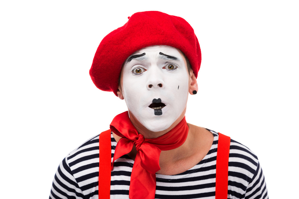 shocked mime with red bow isolated on white - Photo, Image