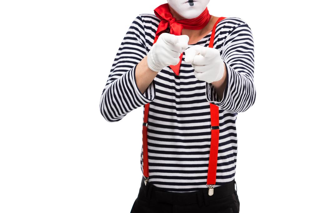 cropped image of mime pointing on camera isolated on white - Photo, Image