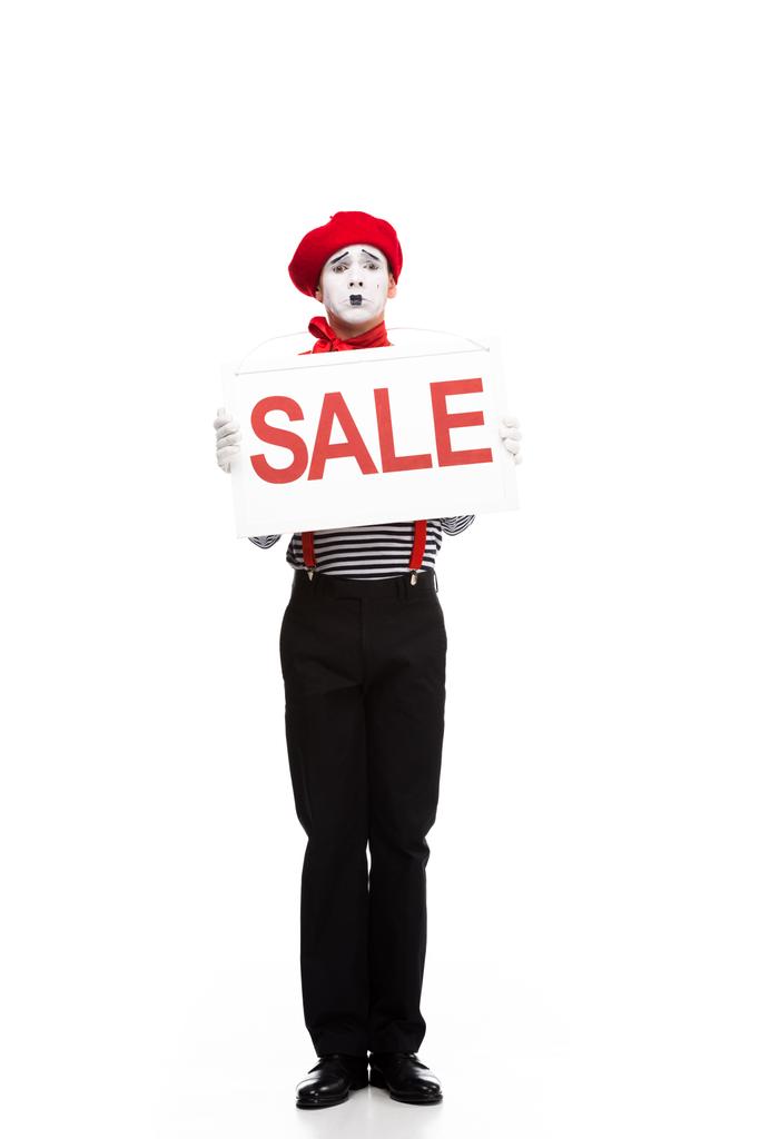 zmatený mime drží prodej dávaného izolované na bílém - Fotografie, Obrázek