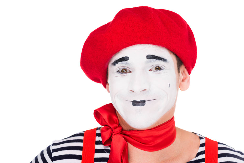 portrait of smiling mime looking at camera isolated on white - Photo, Image