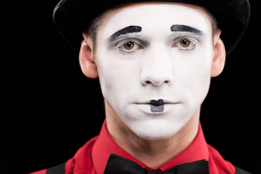 portrait of mime with makeup isolated on black - Photo, Image