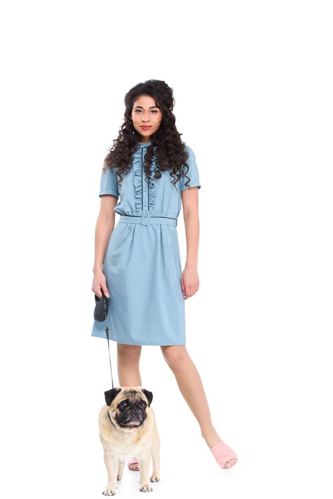 stylish young woman with leashed pug isolated on white - Photo, Image