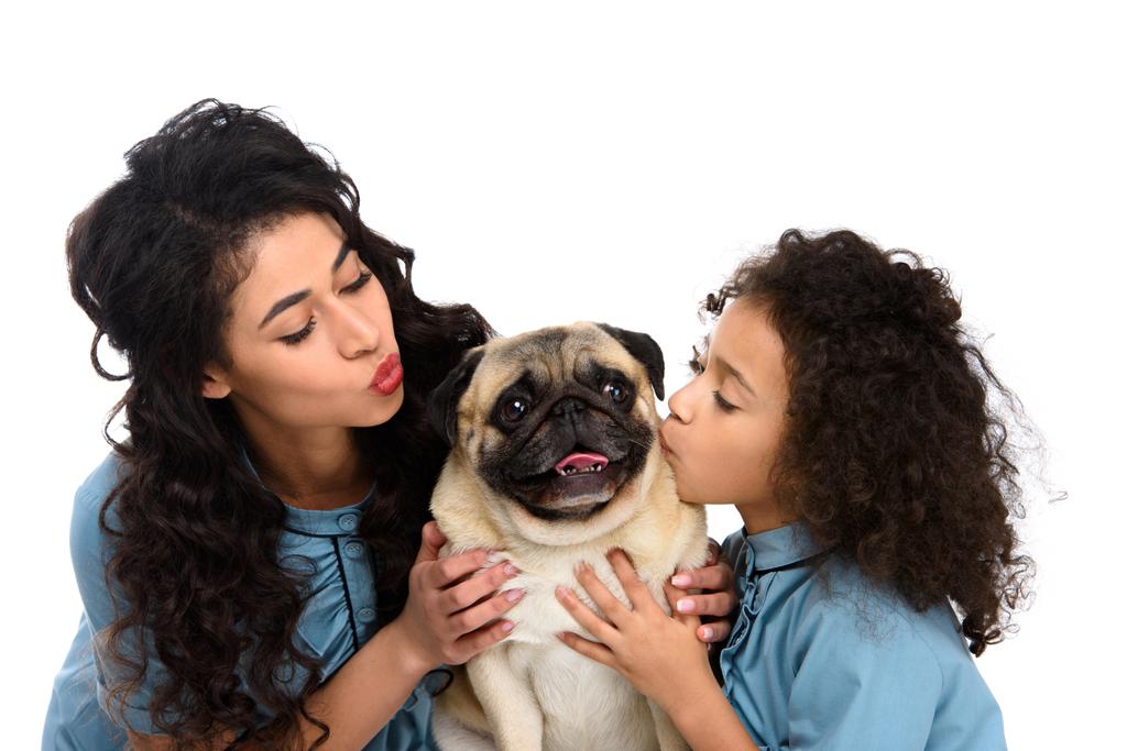 mother and daughter kissing cute pug isolated on white - Photo, Image