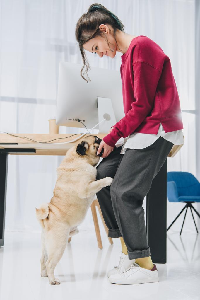 Η όμορφη κυρία και χαριτωμένο pug σκυλί με τραπέζι εργασίας - Φωτογραφία, εικόνα