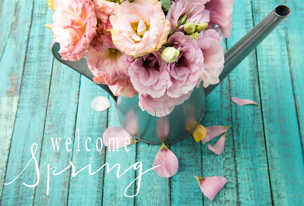 Vista de alto ângulo de belas flores macias em regar lata e pétalas rosa na superfície de madeira com letras de pulverização bem-vinda
 - Foto, Imagem