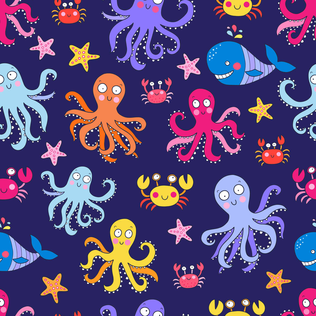 Бесшовный векторный рисунок с подводными существами, такими как осьминог, краб, морская звезда. Прекрасная векторная иллюстрация. - Вектор,изображение