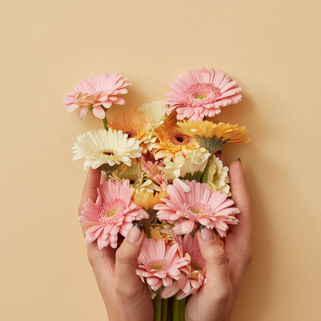 manos femeninas que sostienen la composición de flores frescas de gerberas, San Valentín, Día de la madre, Tarjeta del día 8 de marzo
 - Foto, Imagen