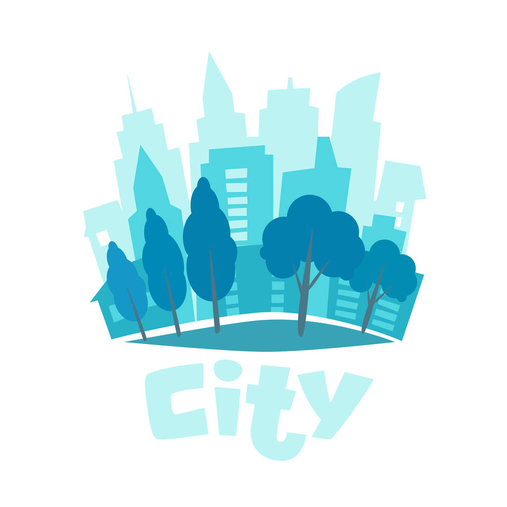 Lapos stílusú városi táj. City skyline vektoros illusztráció. Kék város sziluett ikonra. A városi élet. Városi háttér. - Vektor, kép