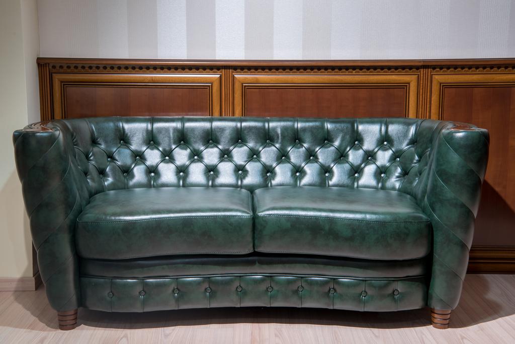 Sofá de cuero verde frente a la pared con decoración de madera
 - Foto, Imagen