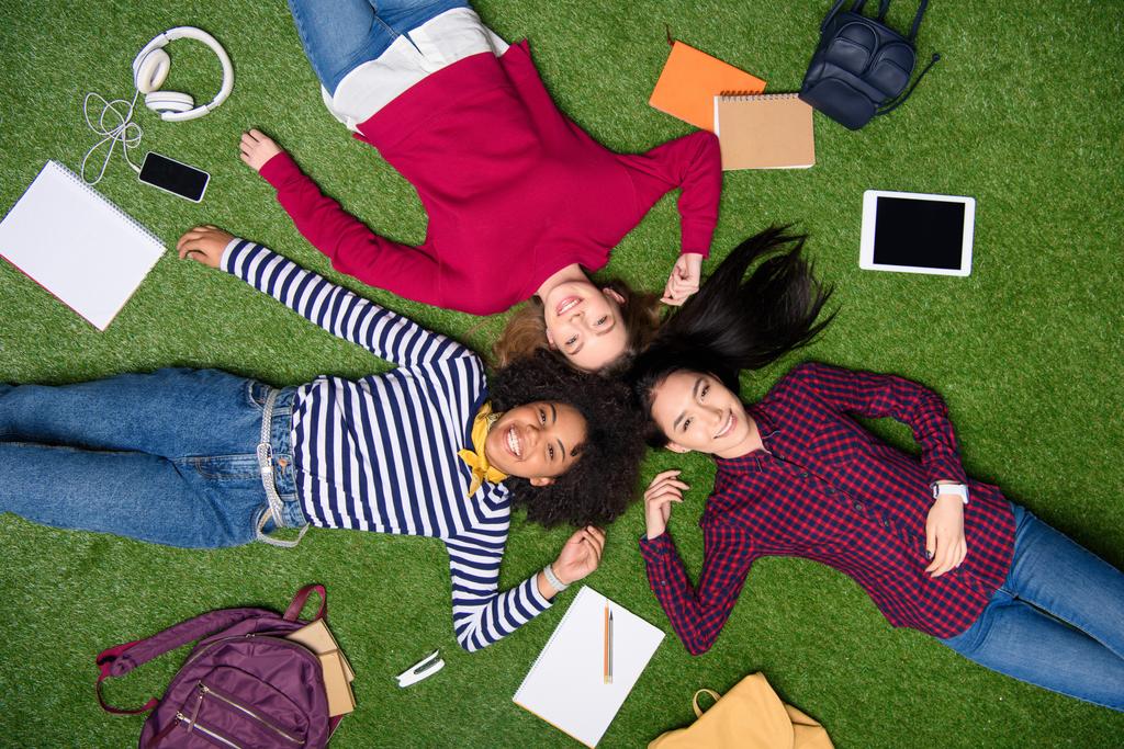 vista aérea de los estudiantes multiculturales alegres acostados en el césped verde
 - Foto, Imagen