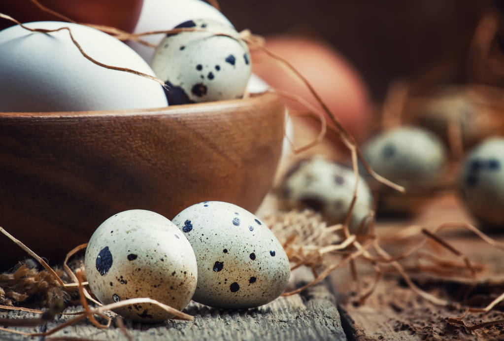 Великодня композиція з різнокольоровими курячими і перепелиними яйцями в сільському стилі, вінтажний дерев'яний фон, вибірковий фокус
 - Фото, зображення