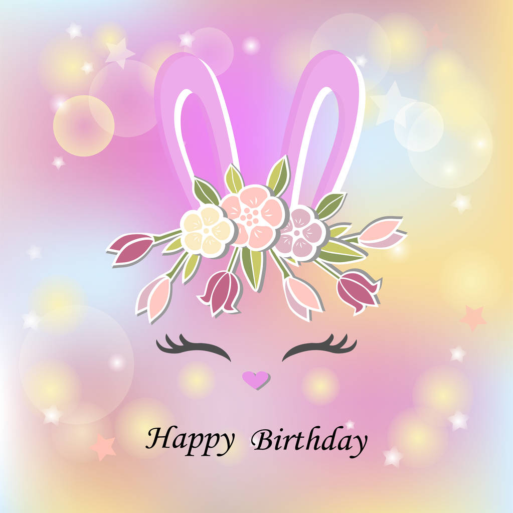 バニーの耳、目、花の花輪を笑顔とベクトル図です。ベビー シャワー ・ イースター ロゴ、ペット ショップ、かわいいウサギのバッジします。復活祭の日に、赤ちゃんの誕生日パーティの招待状、グリーティング カードのテンプレート. - ベクター画像