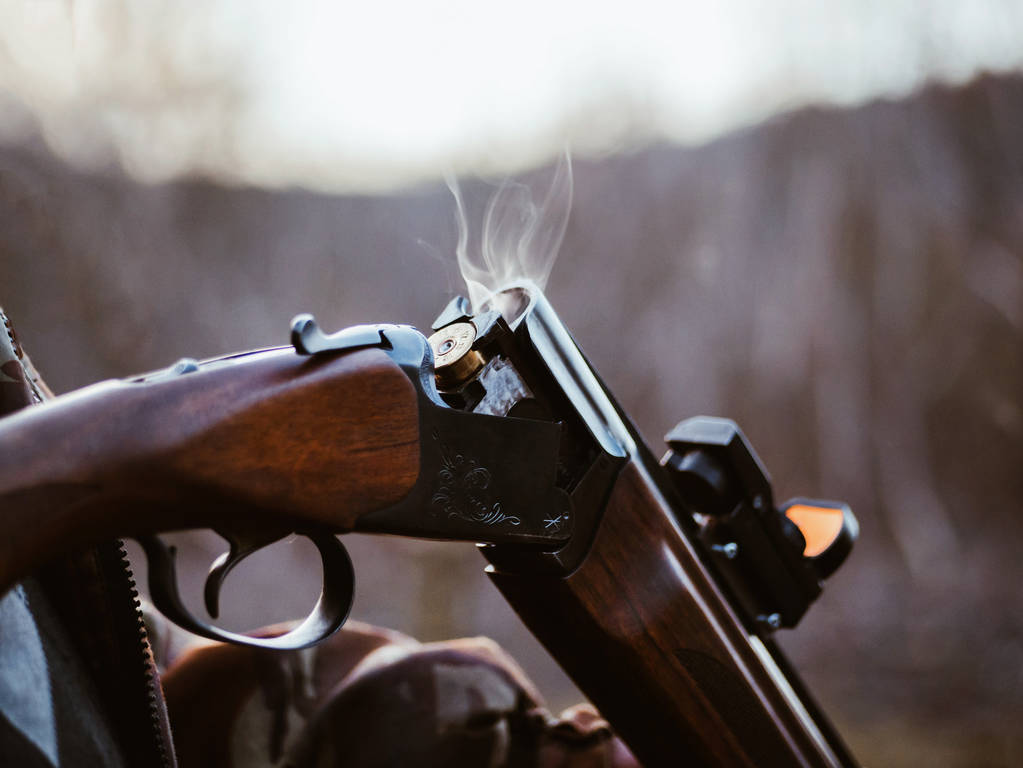 Shotgun shells and shot on black background. Loaded with bullets hunter rifle. - Photo, Image