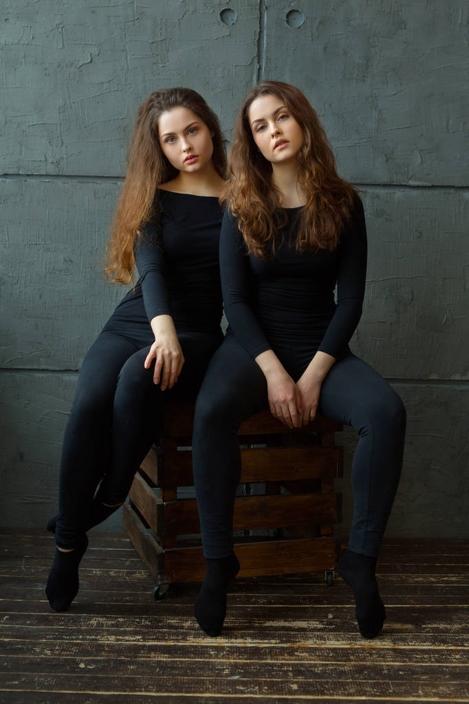 retrato de dos hermosas chicas jóvenes de hermanas gemelas con el pelo fluido contra la pared gris en el interior
 - Foto, imagen