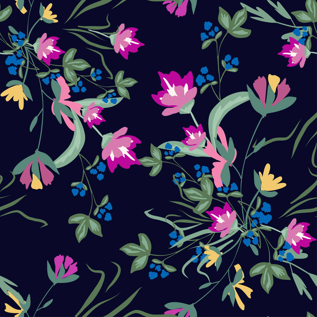 暗い背景に小さな花を持つシームレスなパターン - ベクター画像