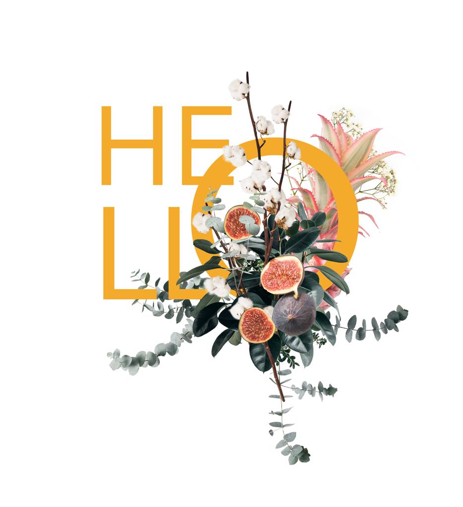 Kreative Collage mit Ananas, Feigen und Blumen mit Zeichen hallo - Foto, Bild