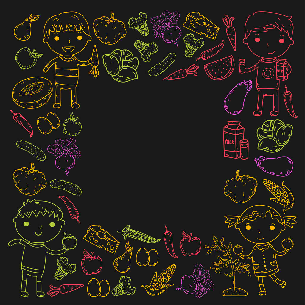 Детский сад Детская дошкольная школа дети едят здоровое питание Мальчики и девочки с фруктами и овощами. Детское кафе, меню, ресторан. Витамины
. - Вектор,изображение