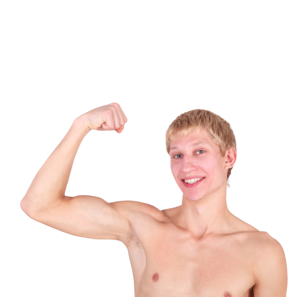 bonito sorrindo jovem cara mostrando seus músculos
 - Foto, Imagem