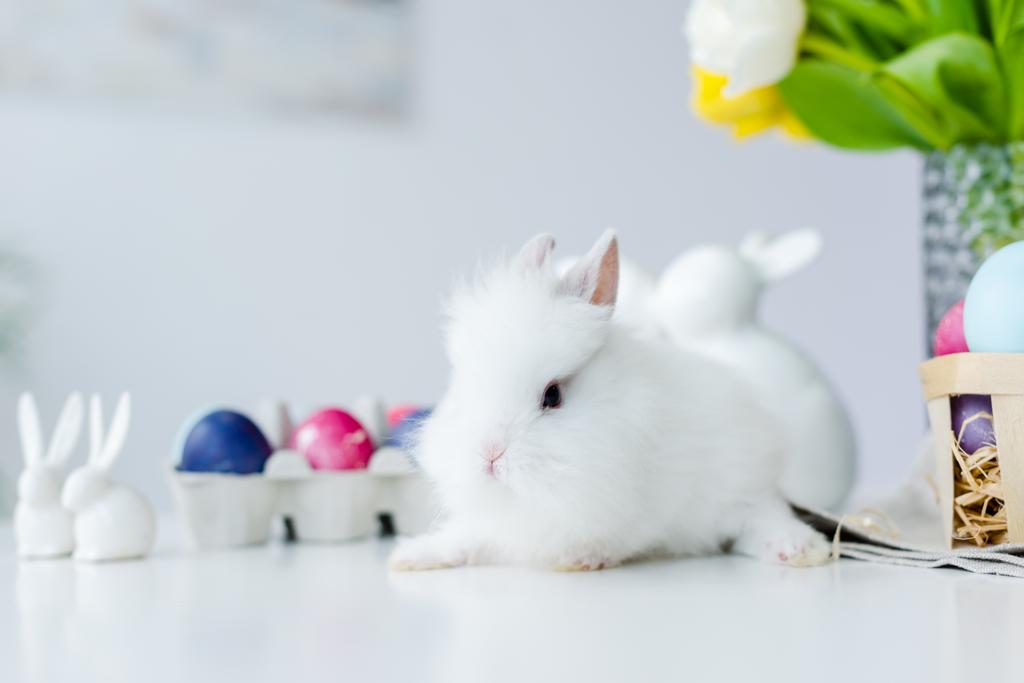 Пушистый зайчик, раскрашенный яйца с пасхальным декором на столе
 - Фото, изображение