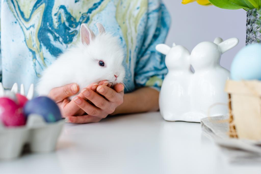Easter bunny in female hands with eggs on table for Easter - Photo, Image