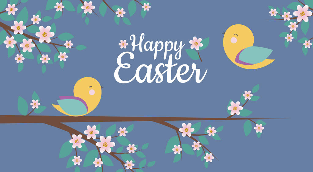 Vector Card with simple design with fairy tale background, spring flowers, cute birds and Happy Eastre phrase. Perfect for Easter Cards, banners, posters, lables, and other Eastre things. - Vector, Image
