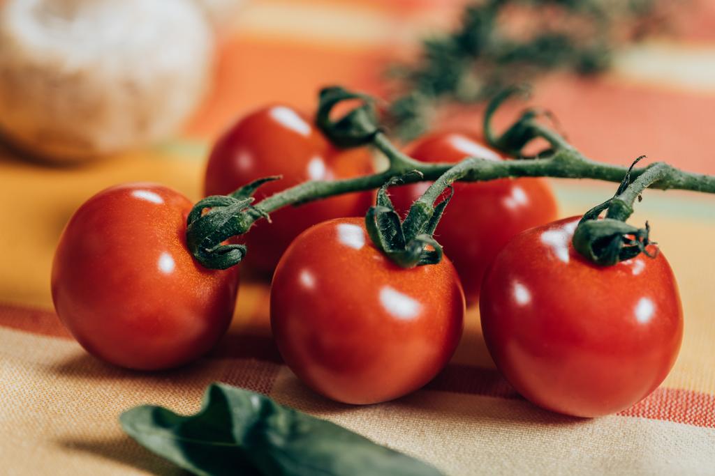 vista de cerca de los tomates cherry maduros frescos en la servilleta de mesa
 - Foto, Imagen