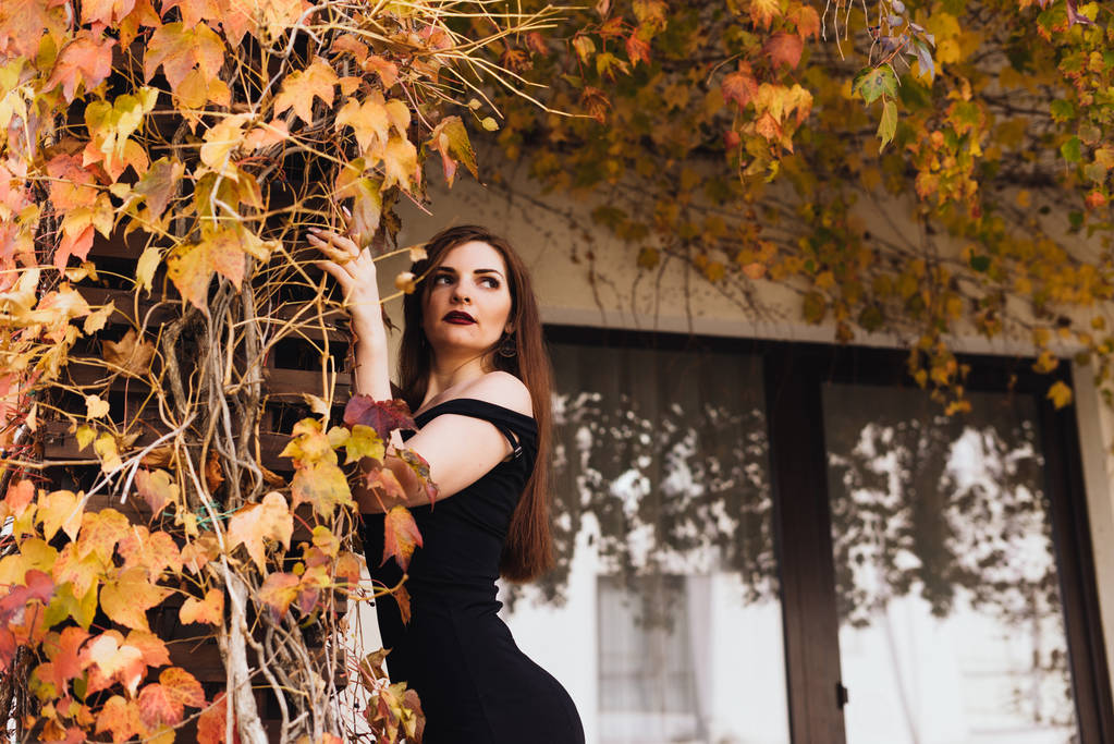una lussuosa ragazza dai capelli lunghi in un abito nero passeggiando attraverso il suo giardino, godendo di una vita ricca
 - Foto, immagini