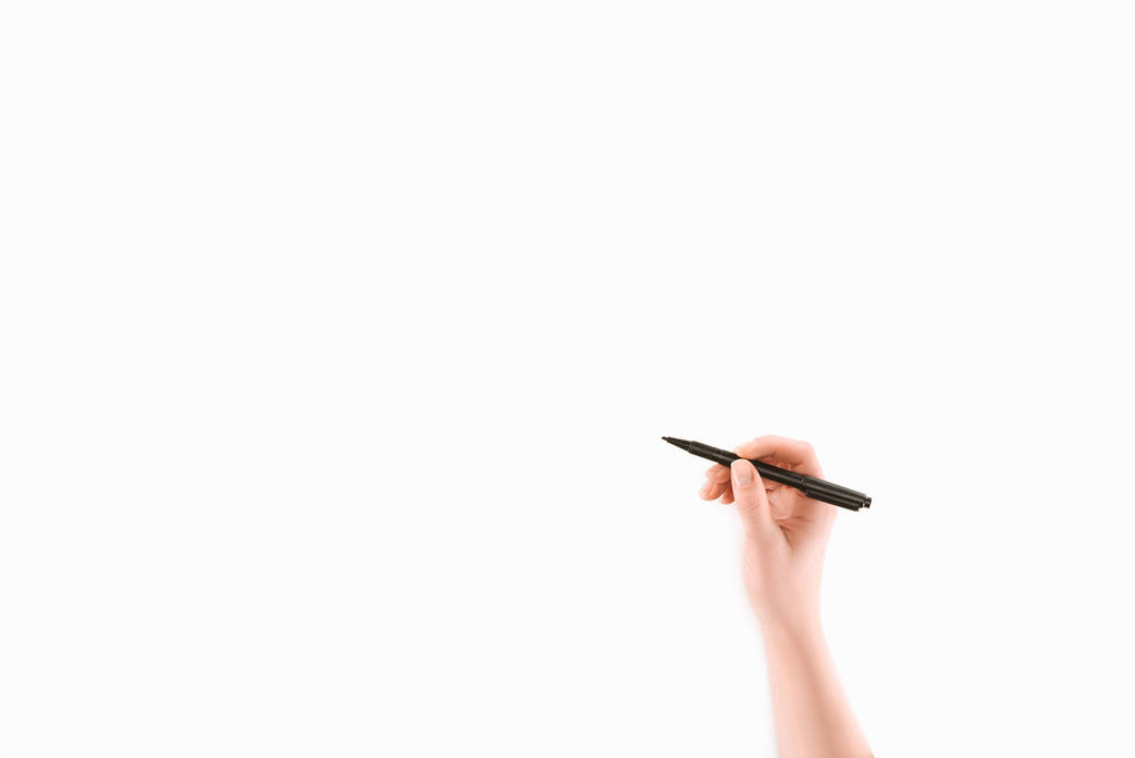 cropped image of woman writing something with marker isolated on white - Photo, Image