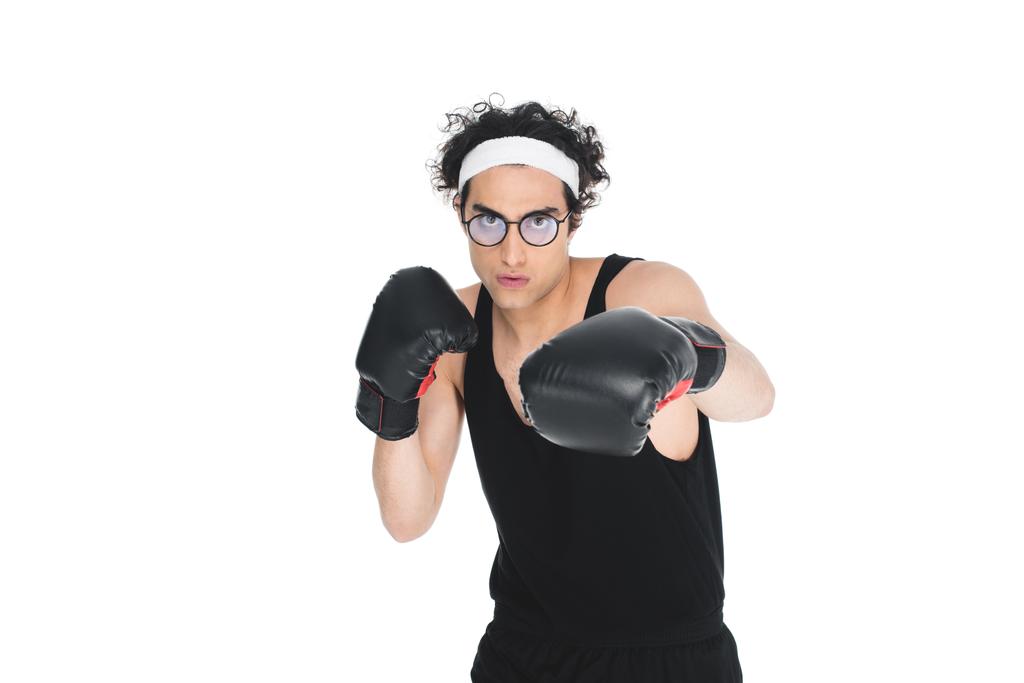 Young thin boxer in eyeglasses beating by hand isolated on white - Photo, Image