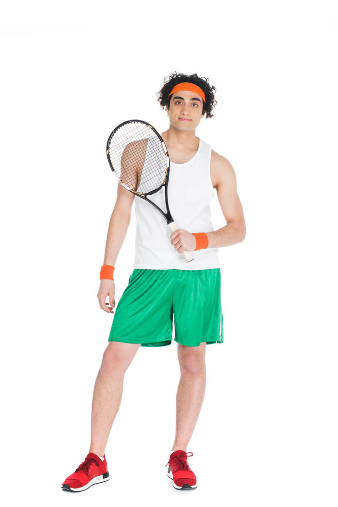 Dunne tennisser hoofdband reputatie met racket geïsoleerd op wit - Foto, afbeelding