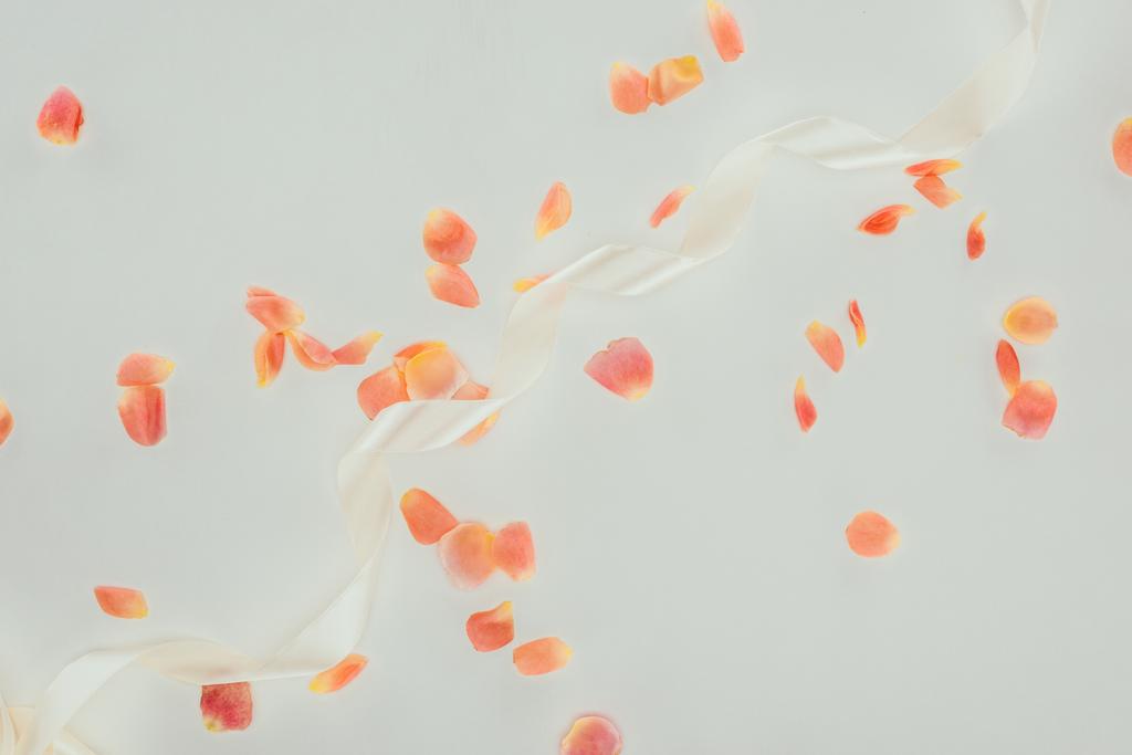 gri arka plan üzerinde güzel zarif gül yaprakları ve şerit Üstten Görünüm - Fotoğraf, Görsel