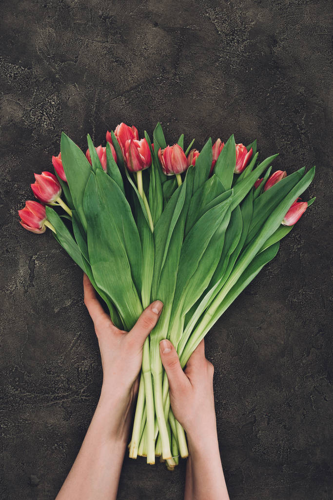 oříznutý snímek držitele krásné růžové tulipány se zelenými listy - Fotografie, Obrázek