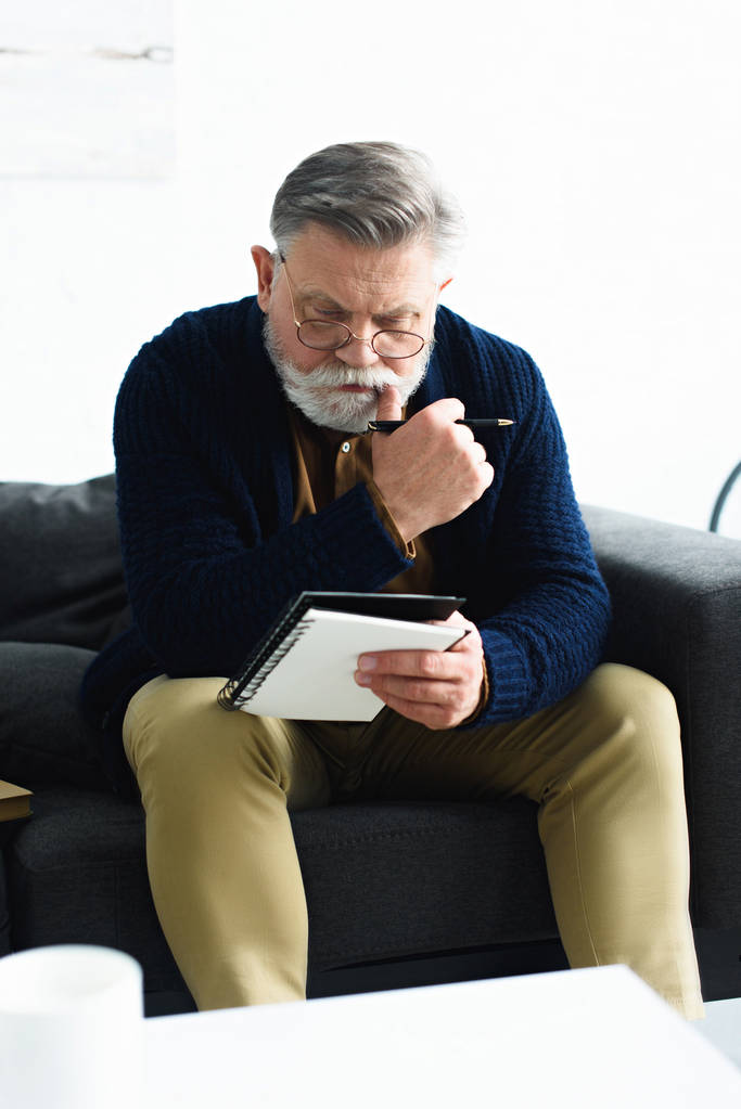 серйозний старший чоловік в окулярах тримає ручку і блокнот, сидячи на дивані
 - Фото, зображення