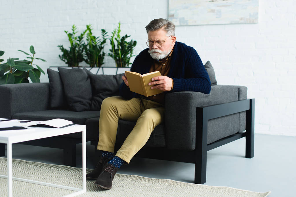 súlyos szakállas magas rangú ember ül a kanapén és olvasókönyv otthon - Fotó, kép