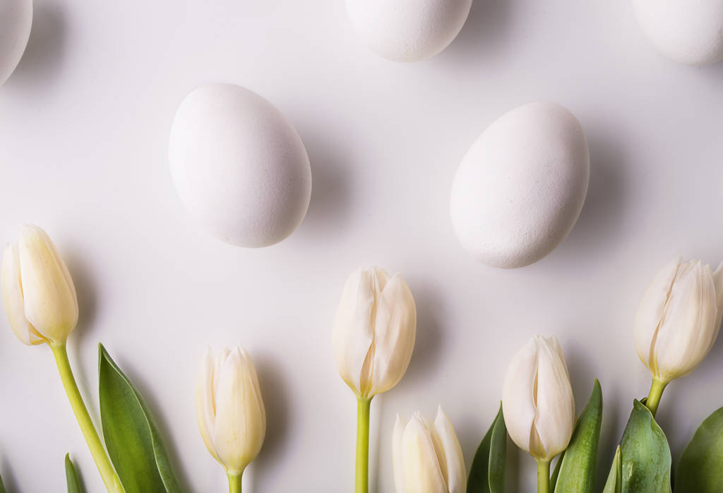 Fleurs et œufs blancs sur fond blanc
. - Photo, image
