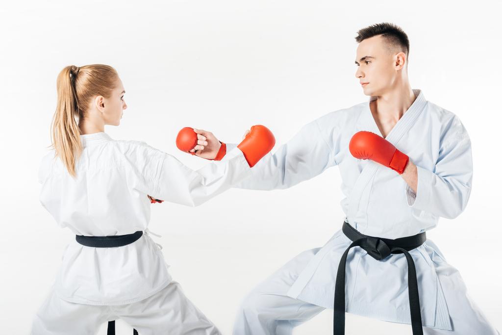 ženské a mužské karate bojovníci s černé pásy školení izolované na bílém - Fotografie, Obrázek