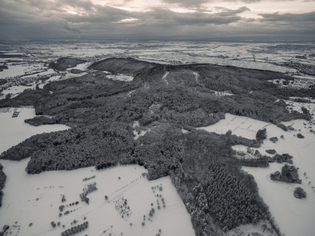 aerial view of beautiful winter landscape with snow-covered trees and fields, Germany - Photo, Image