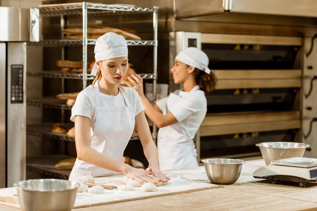 young attractive female bakers working together at baking manufacture - Photo, Image