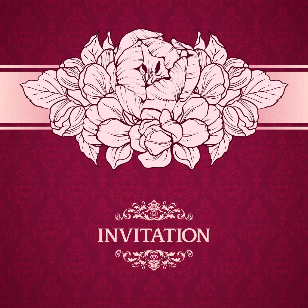 Invitación al matrimonio nupcial con flores lineales sobre fondo ornamentado. Tarjeta de felicitación en estilo retro Patrón elegante, flores
 - Vector, imagen