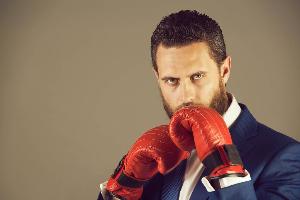 boxer man, businessman in outfit and red boxing gloves - Photo, Image