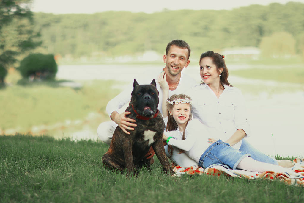 szczęśliwa rodzina z psem na pikniku w słoneczny letni dzień. pregn. - Zdjęcie, obraz