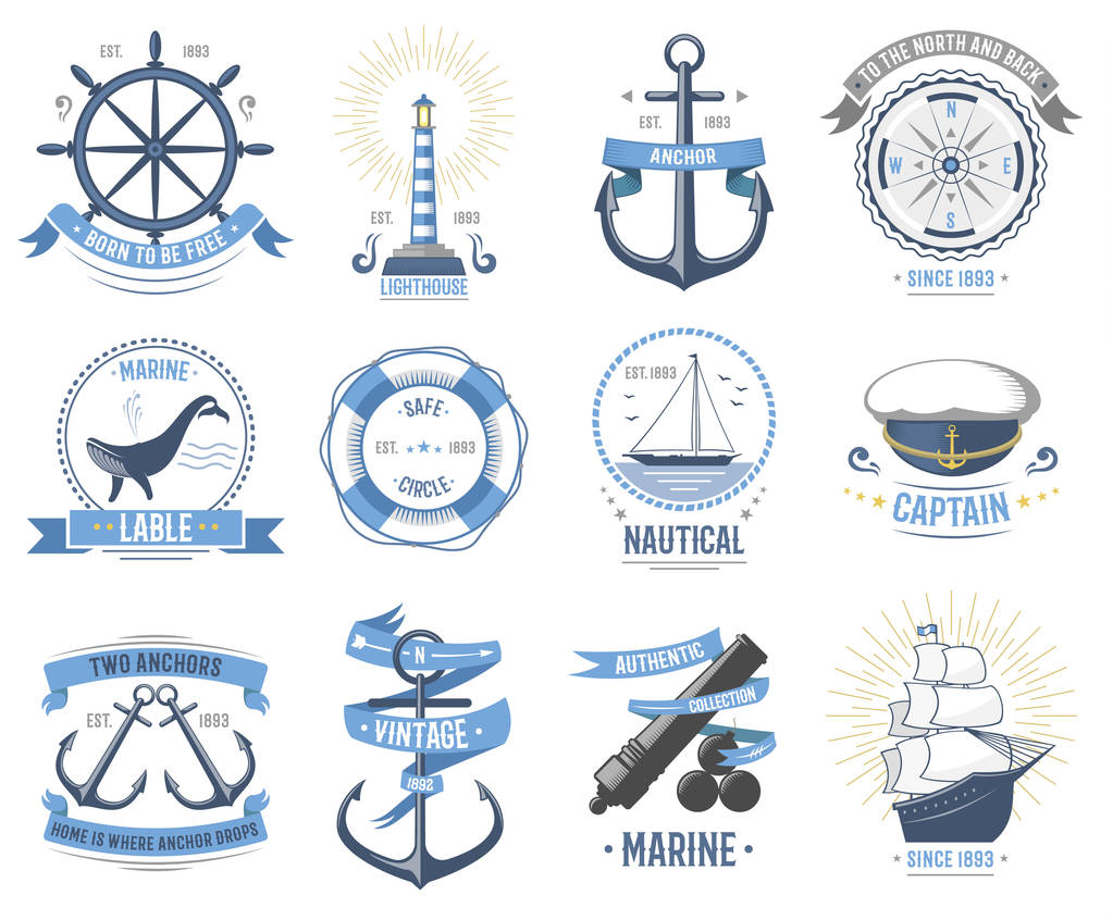 Tengeri hajózási vektor régi rettro jelvény vitorlás kalap, csónakok, a hal témájú címke ikon vintage hajó jel horgony kötél kerék tengeri kalap szalag utazási elem grafikus óceán illusztráció cruise insignia - Vektor, kép